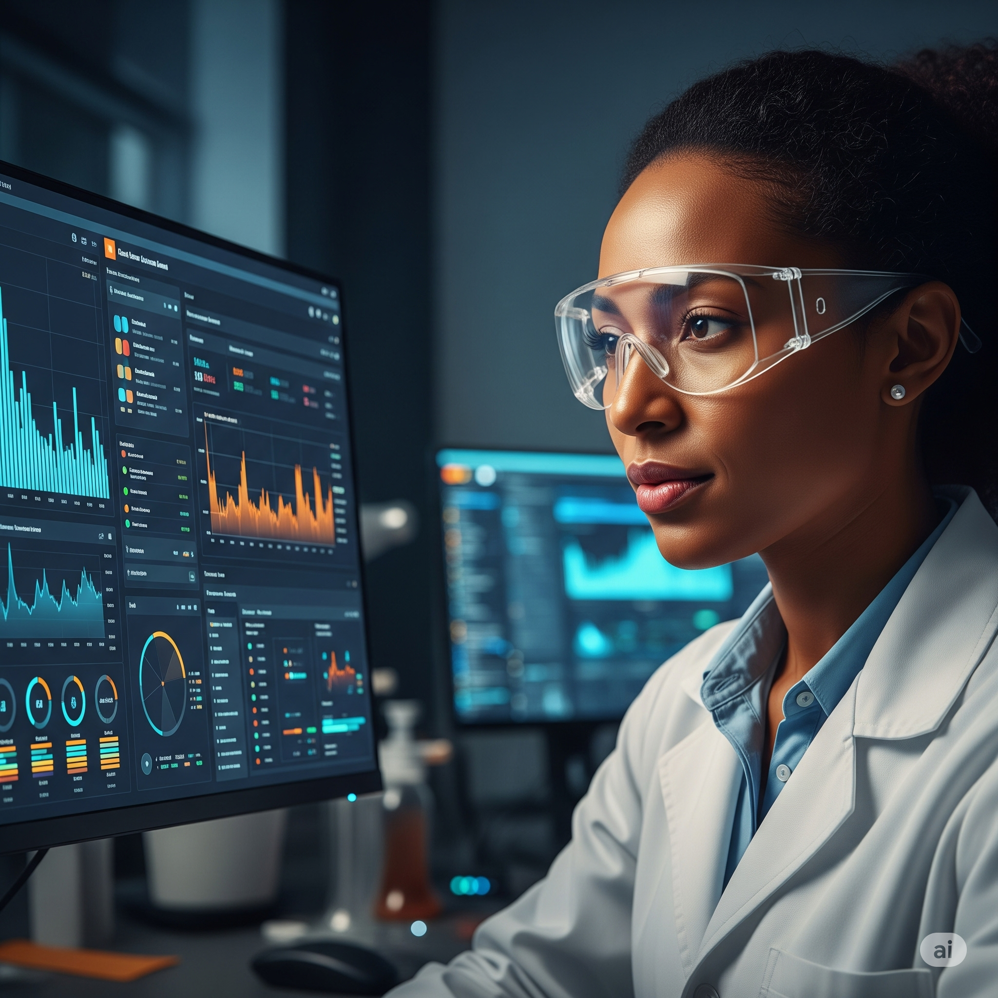 A sophisticated data dashboard showing charts and key performance indicators for sample analysis.
